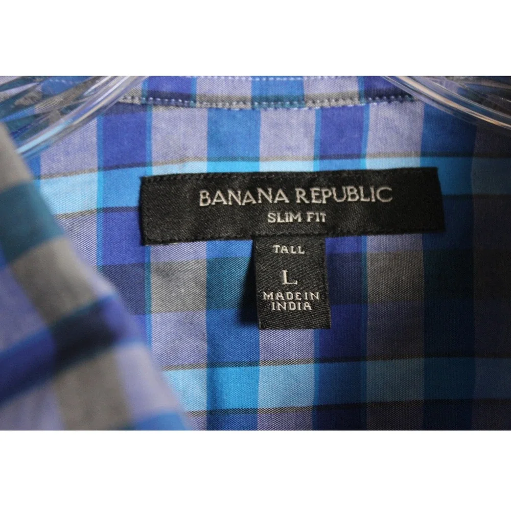Banana Republic Slim Fit Tall Plaid Button‎ Down Shirt Mens L Blue Gray
